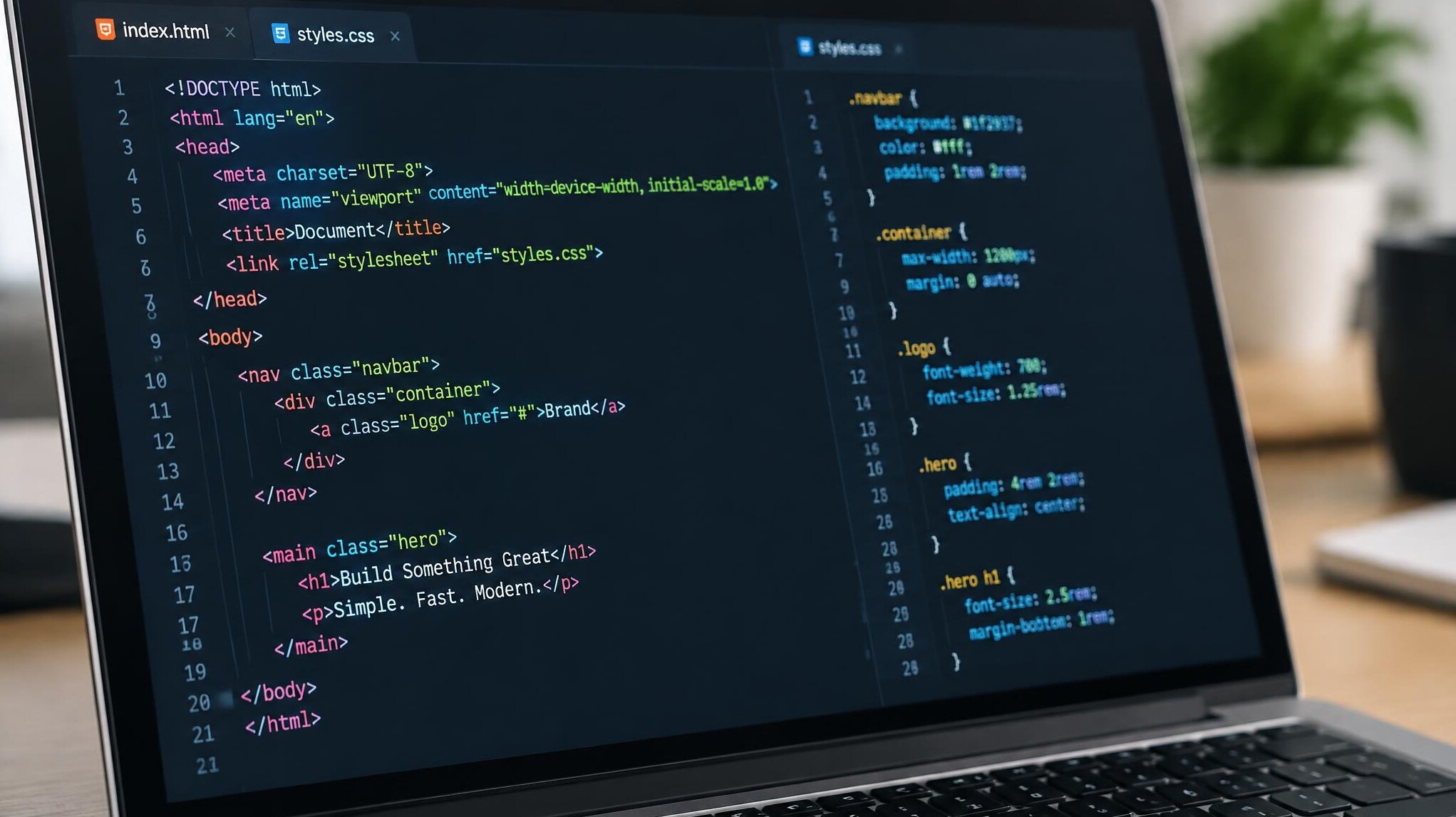 Laptop screen displaying colorful website code