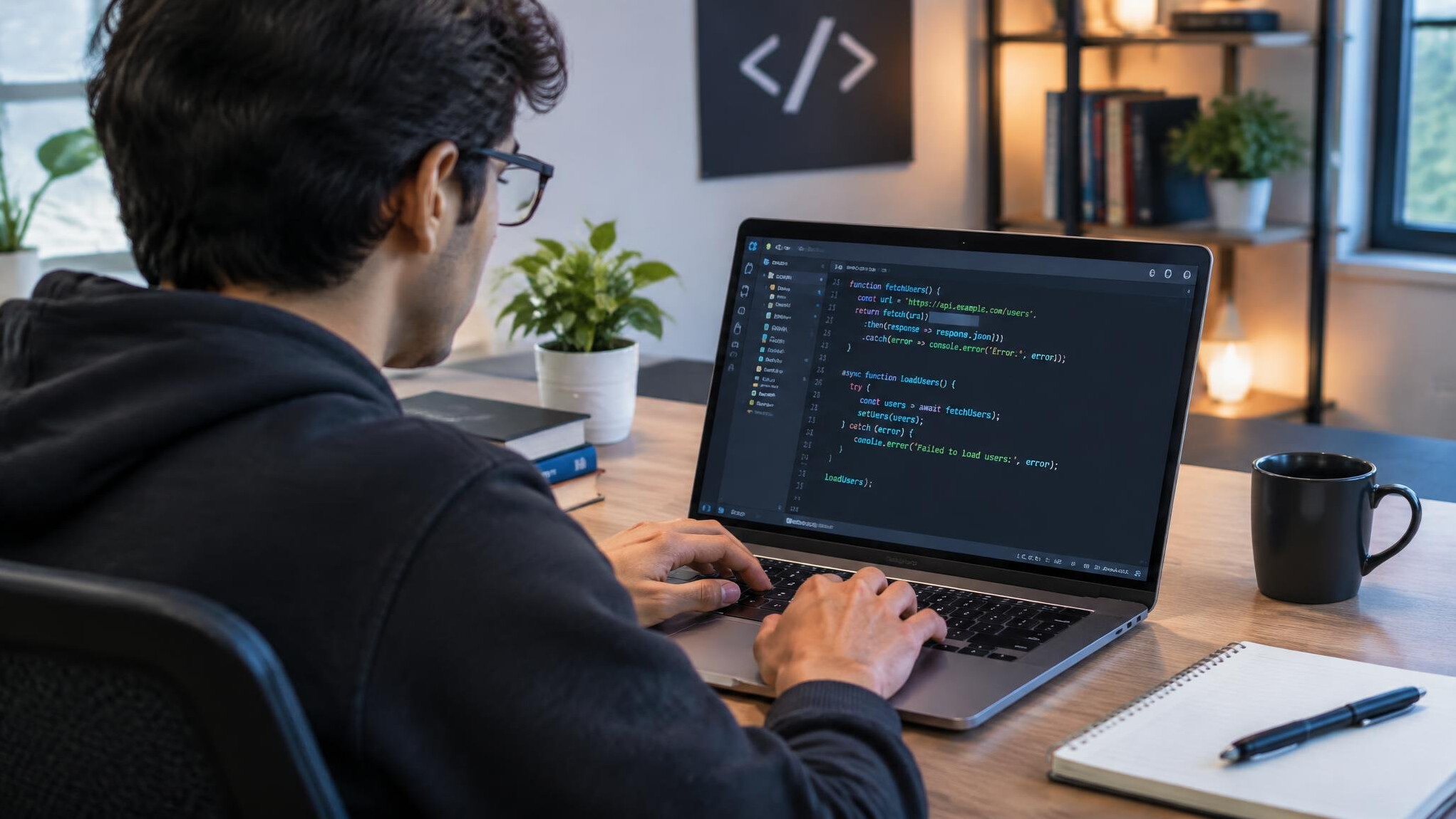 programmer coding on laptop