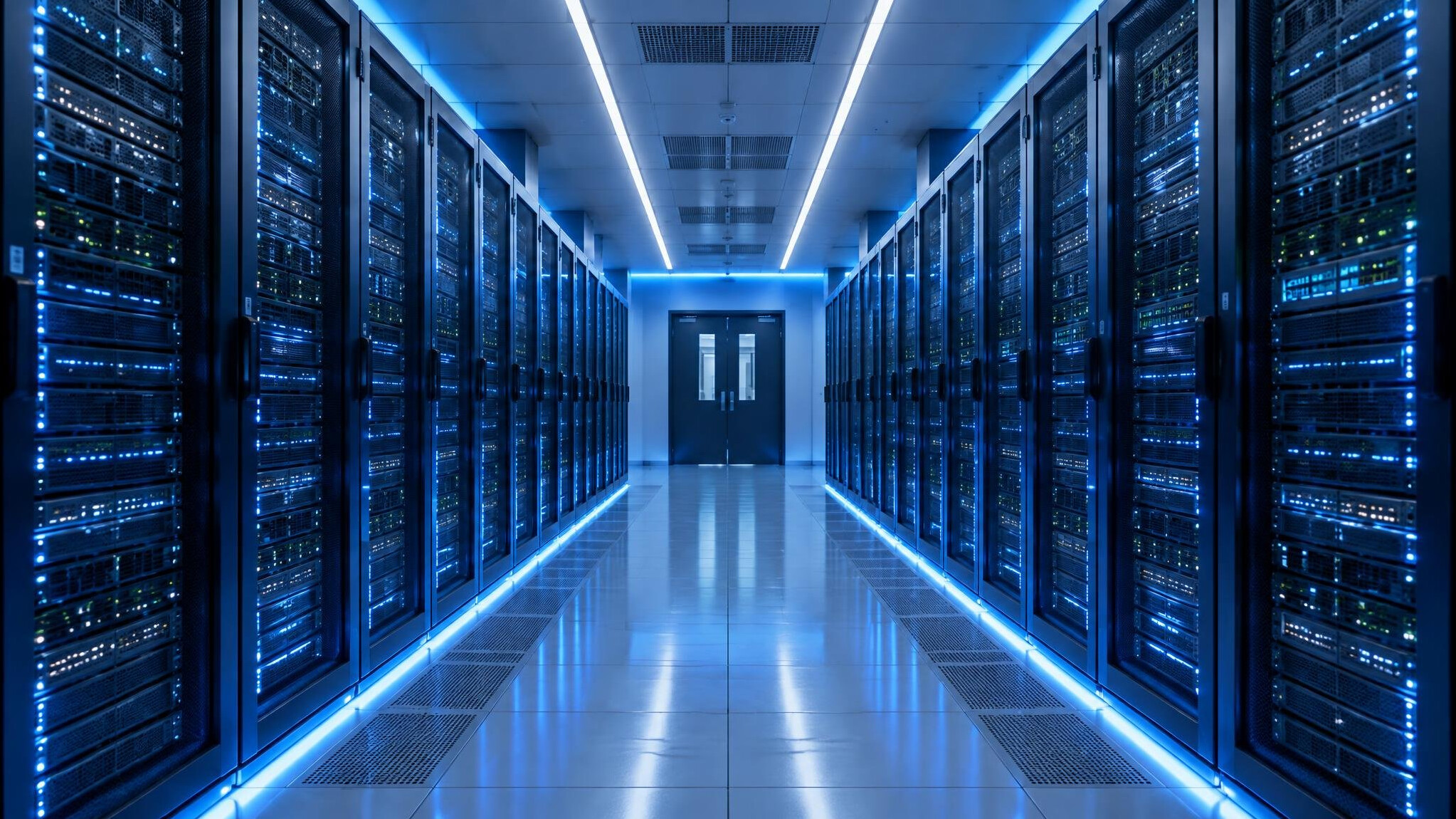 Rows of server racks in a data center