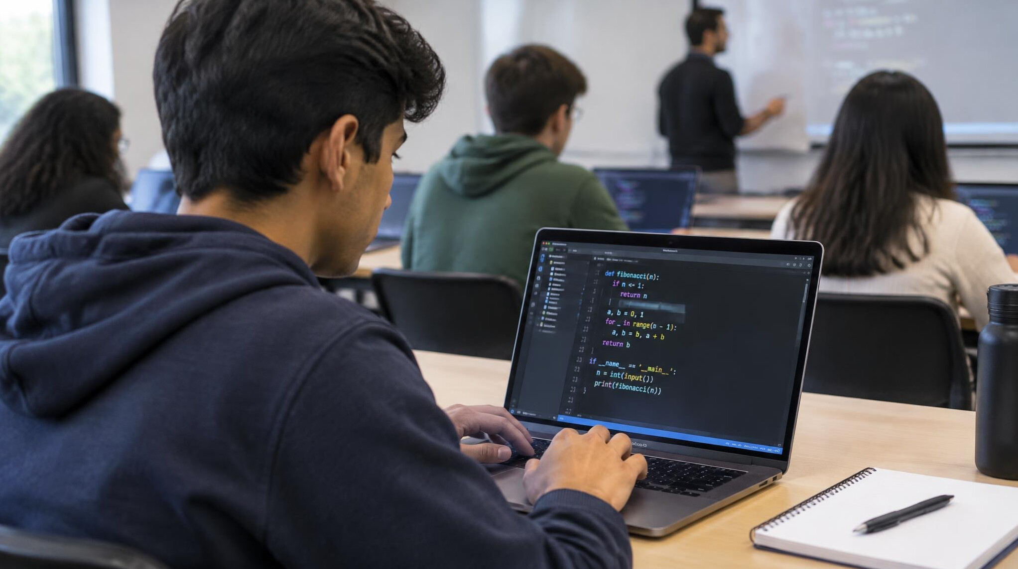 student coding on laptop in classroom